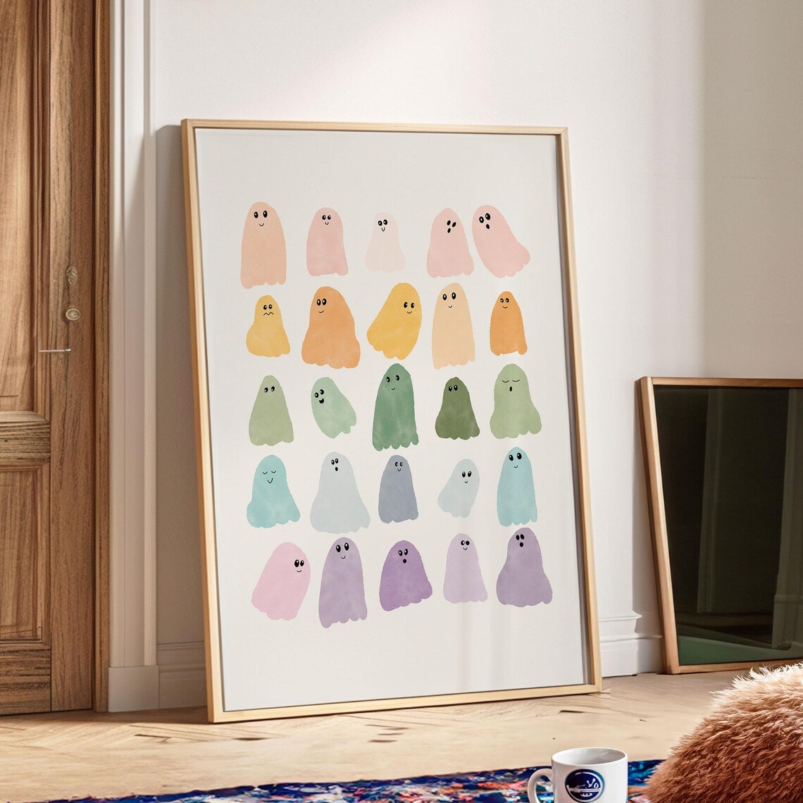 Cute Halloween Ghosts Watercolor Print, Minimalist