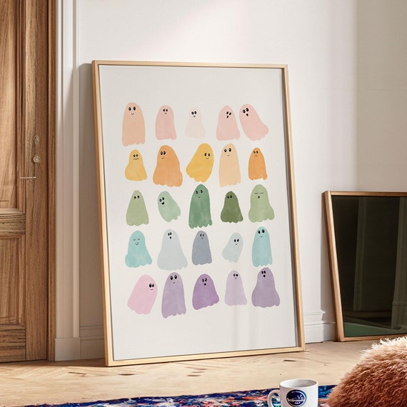 Cute Halloween Ghosts Watercolor Print, Minimalist