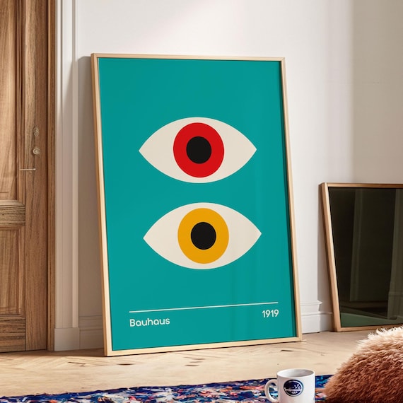 Bauhaus Eyes Geometric Printable Poster Minimalist Trendy Print Mid Century Modern Living Room Wall Art Blue Bauhaus