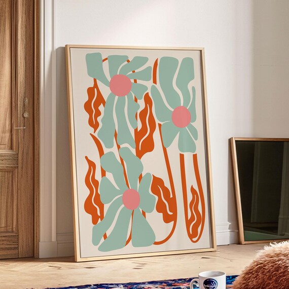 Matisse Style Mint Green Flowers Orange Waves Retro Floral Poster