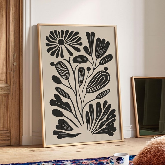 Beige Black Flower Print Moody Abstract Flower Wall Decor Retro Living Room Decor Botanical Poster Matisse Wall Art
