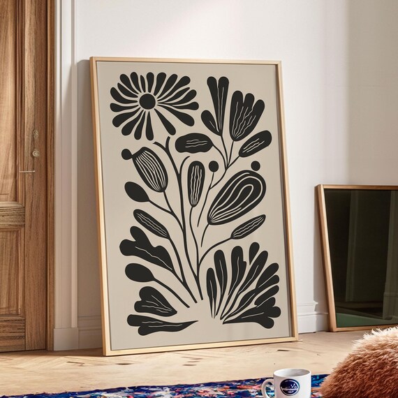 Black Floral Bouquet Abstract Botanical Poster in Matisse Cut-Out Style