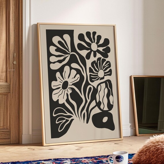 Black Panel Cream Flower Cutout Retro Botanical Decor Poster