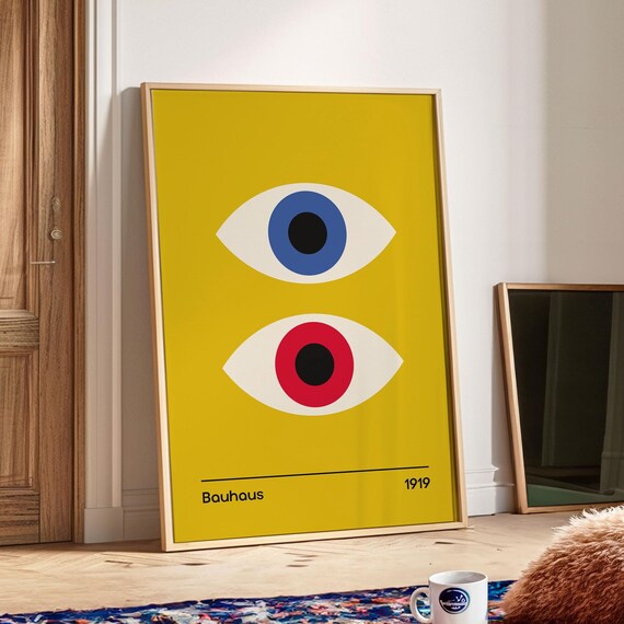 Bauhaus Eyes Geometric Printable Poster Minimalist Trendy Print Mid Century Modern Living Room Wall Art Yellow Bauhaus