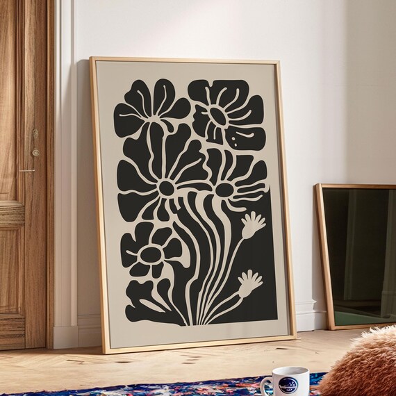 Beige Black Abstract Bloom Silhouette Retro Botanical Art Poster