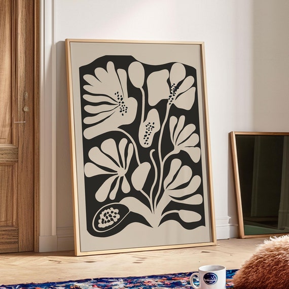 Beige Black Flower Print Moody Abstract Flower Wall Decor Retro Living Room Decor Botanical Poster Matisse Wall Art
