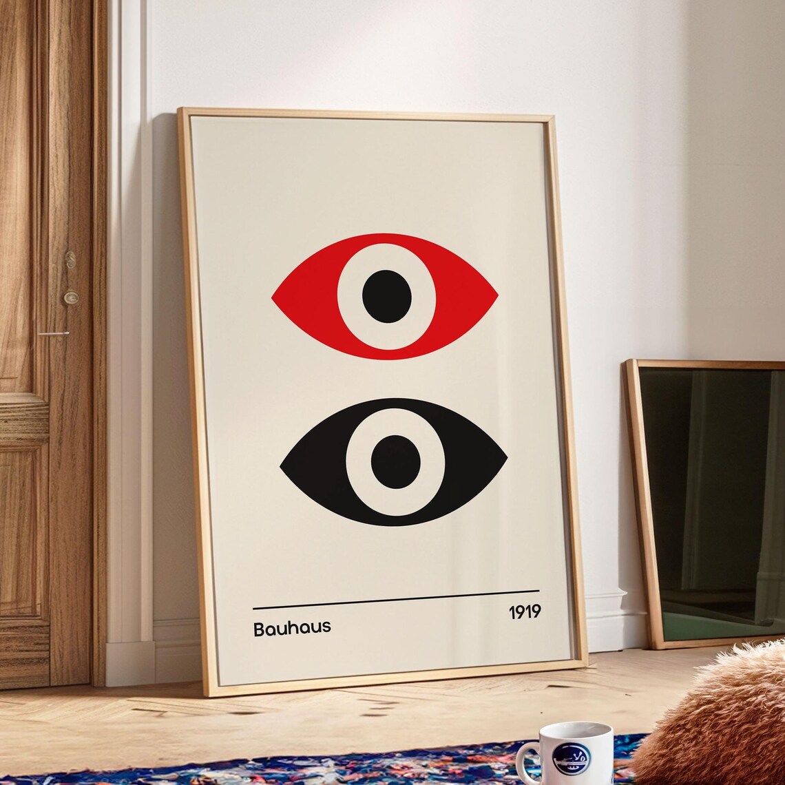Bauhaus 1919 Double Eye Geometric Poster Red and Black on Cream