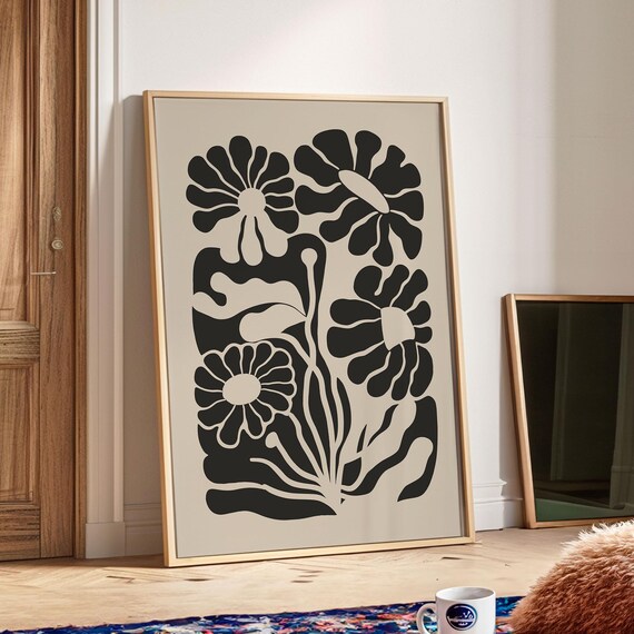 Beige Black Daisy Cutout Retro Floral Botanical Art Wall Poster
