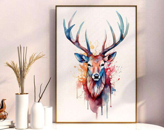 Colorful Deer Stag Watercolor Antlers Wildlife Nature Art Poster