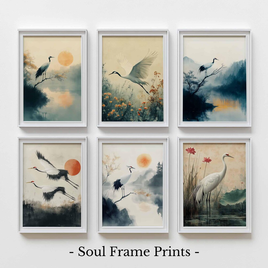 Set Of Six Vintage Oriental Crane Bird Paintings For Gallery Wall Art