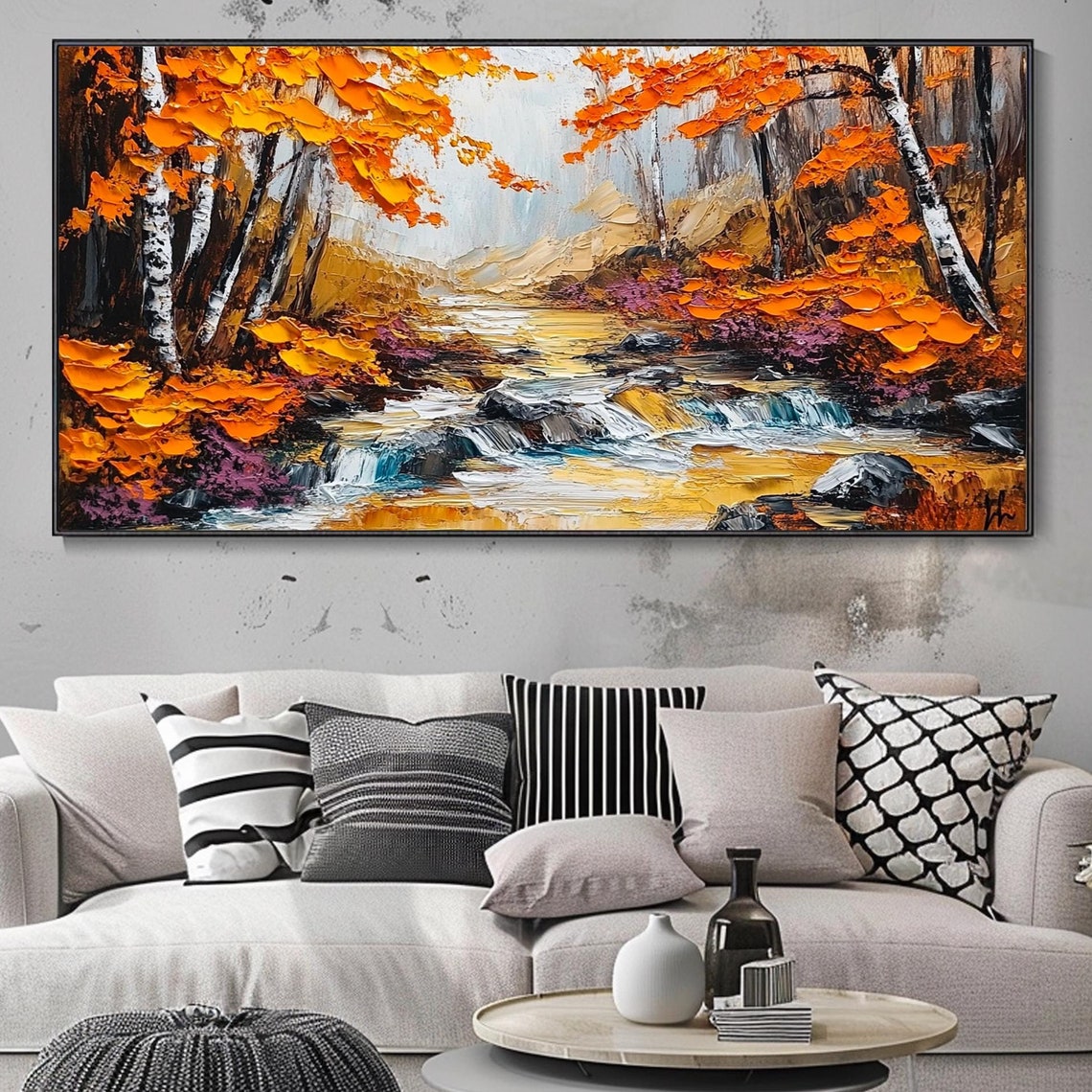 Autumn Birch Forest Orange Leaves Waterfall Stream Rocks Travel Poster
