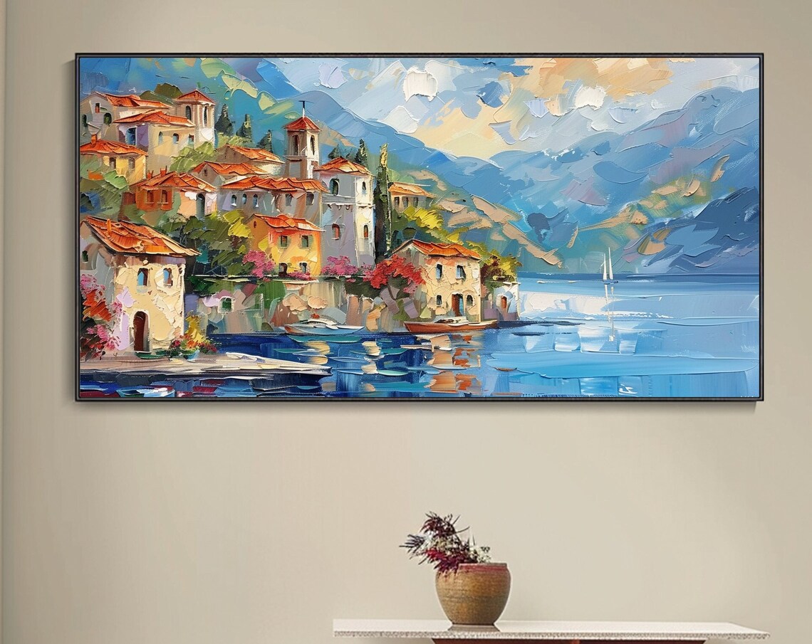 Italian Lakeside Village Red Roofs Harbor Sailboat Art Poster