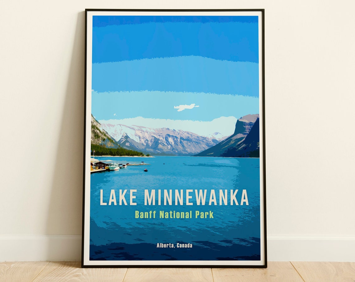 Lake Minnewanka Retro Travel Poster Alberta Canada Art Vintage Canadian Rockies Poster Canada Print Banff National Park Travel Poster