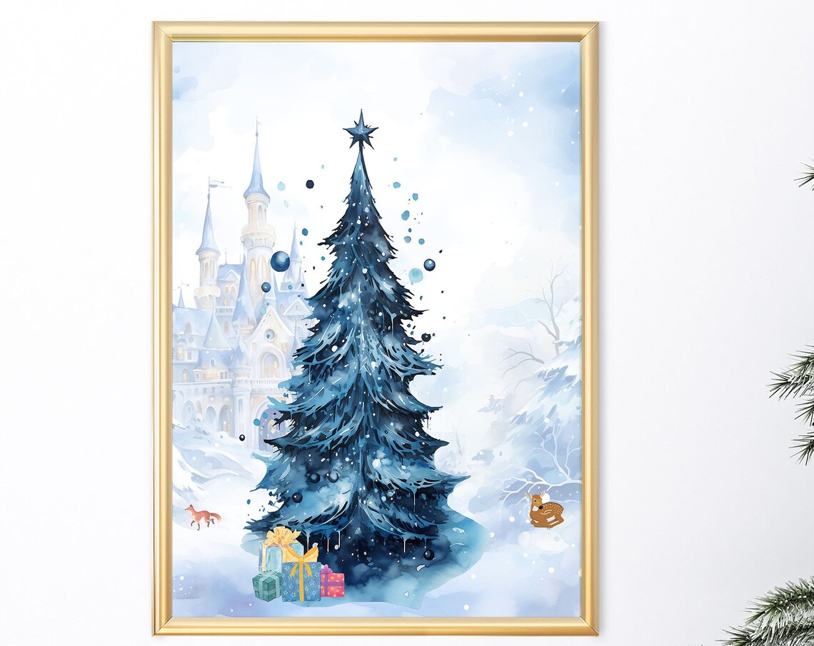 Blue Watercolor Christmas Tree Fairy Tale Castle Snowy Poster