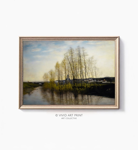 River Landscape Painting, Vintage Home Decor
