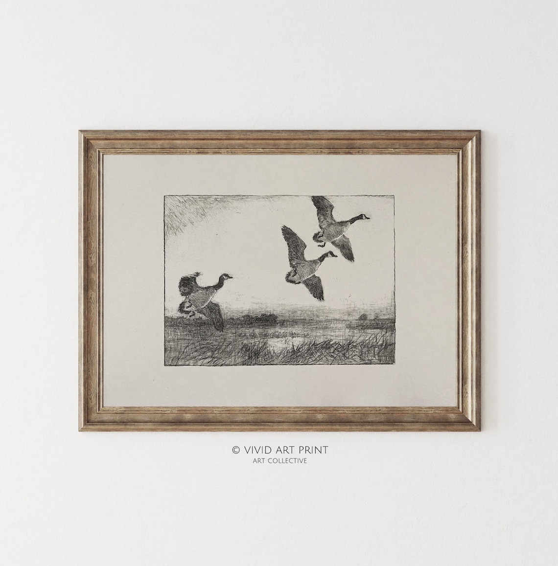 Vintage Geese Flight Sketch, Rustic Wildlife Art Print