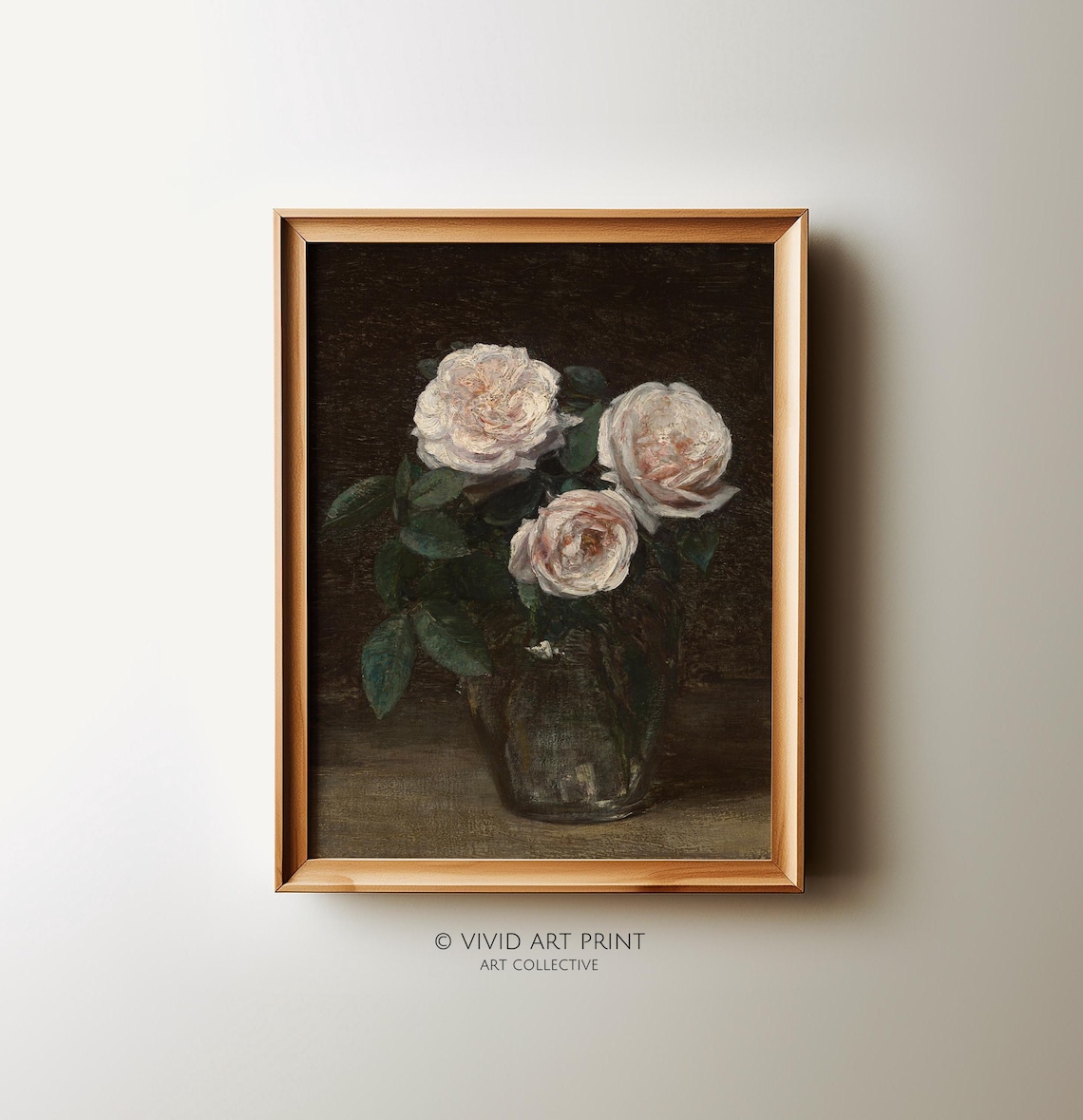 Spring White Roses Botanical Painting, Moody Decor