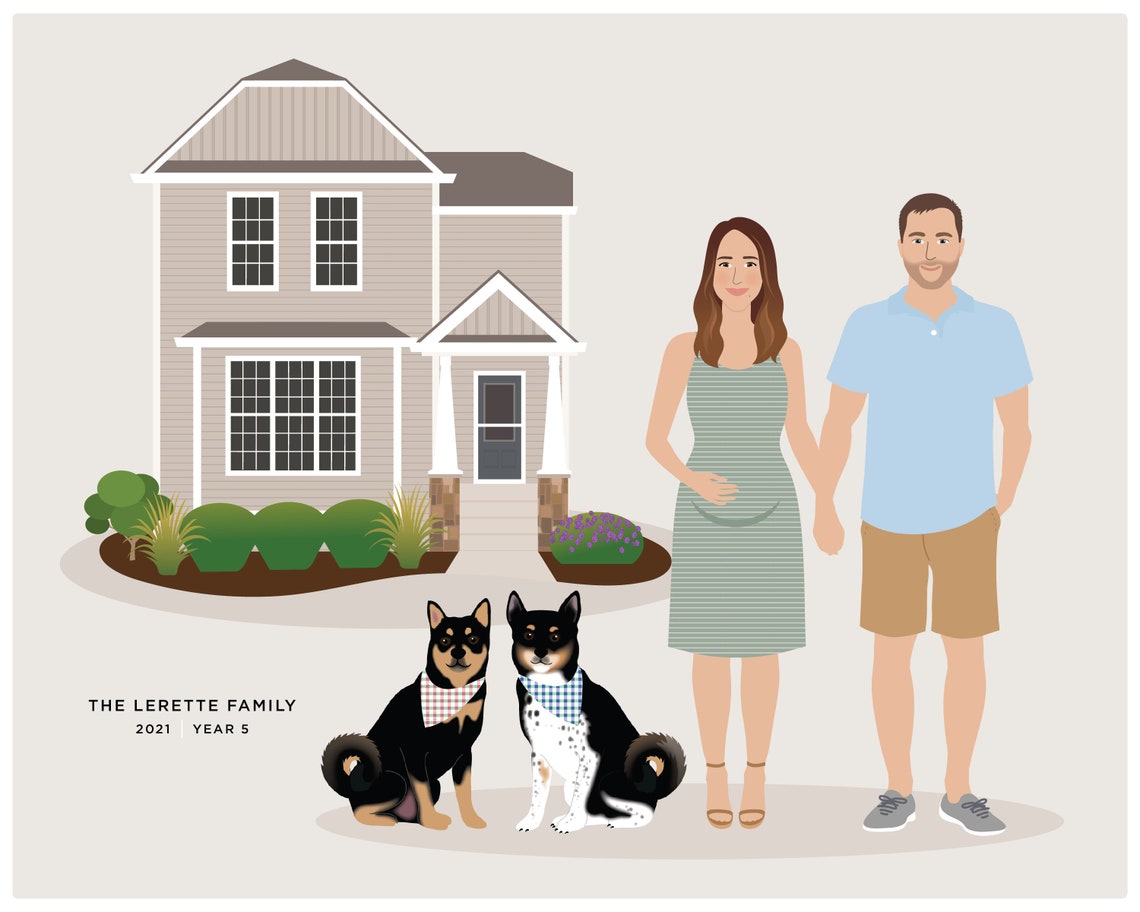 Custom Couple with Two Shiba Inu Dogs and House Illustration Poster