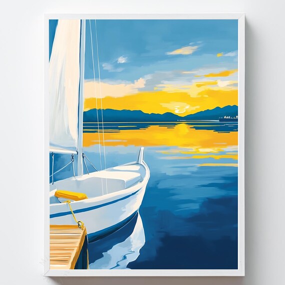 Sailboat Moored Dock Sunset Calm Blue Sea Water Painting Poster