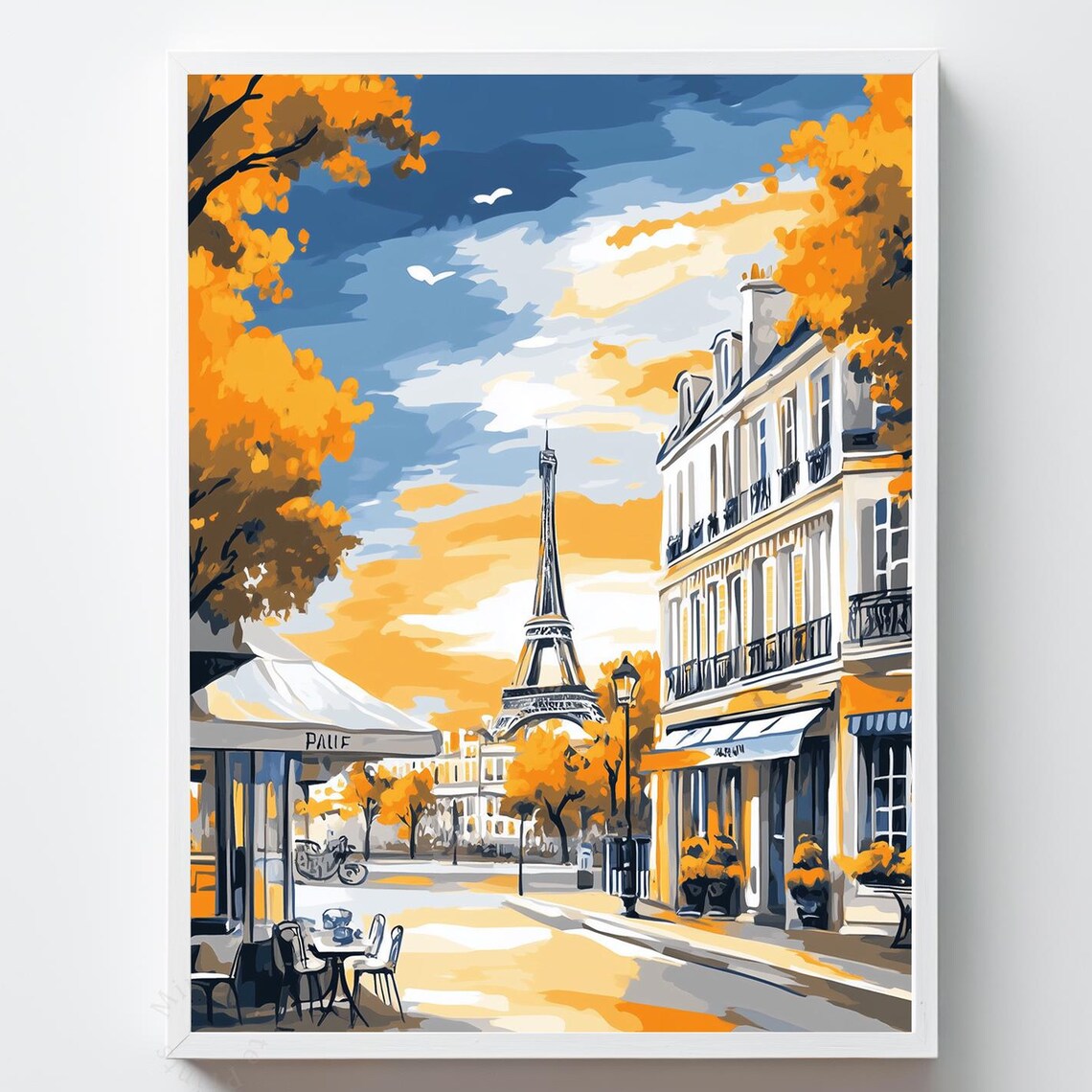 Paris Cozy Cafe Terrace Eiffel Tower Autumn Street Scene Art Poster