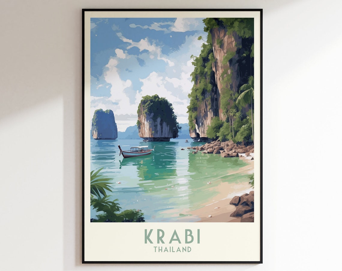 Krabi Thailand Limestone Cliffs Longtail Boat Beach Travel Poster