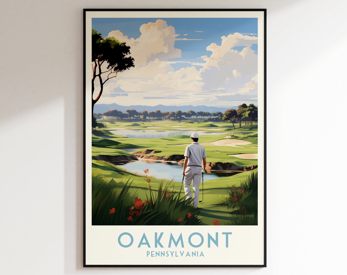 Oakmont Pennsylvania Golfer at Sunset by Water Golf Art Poster