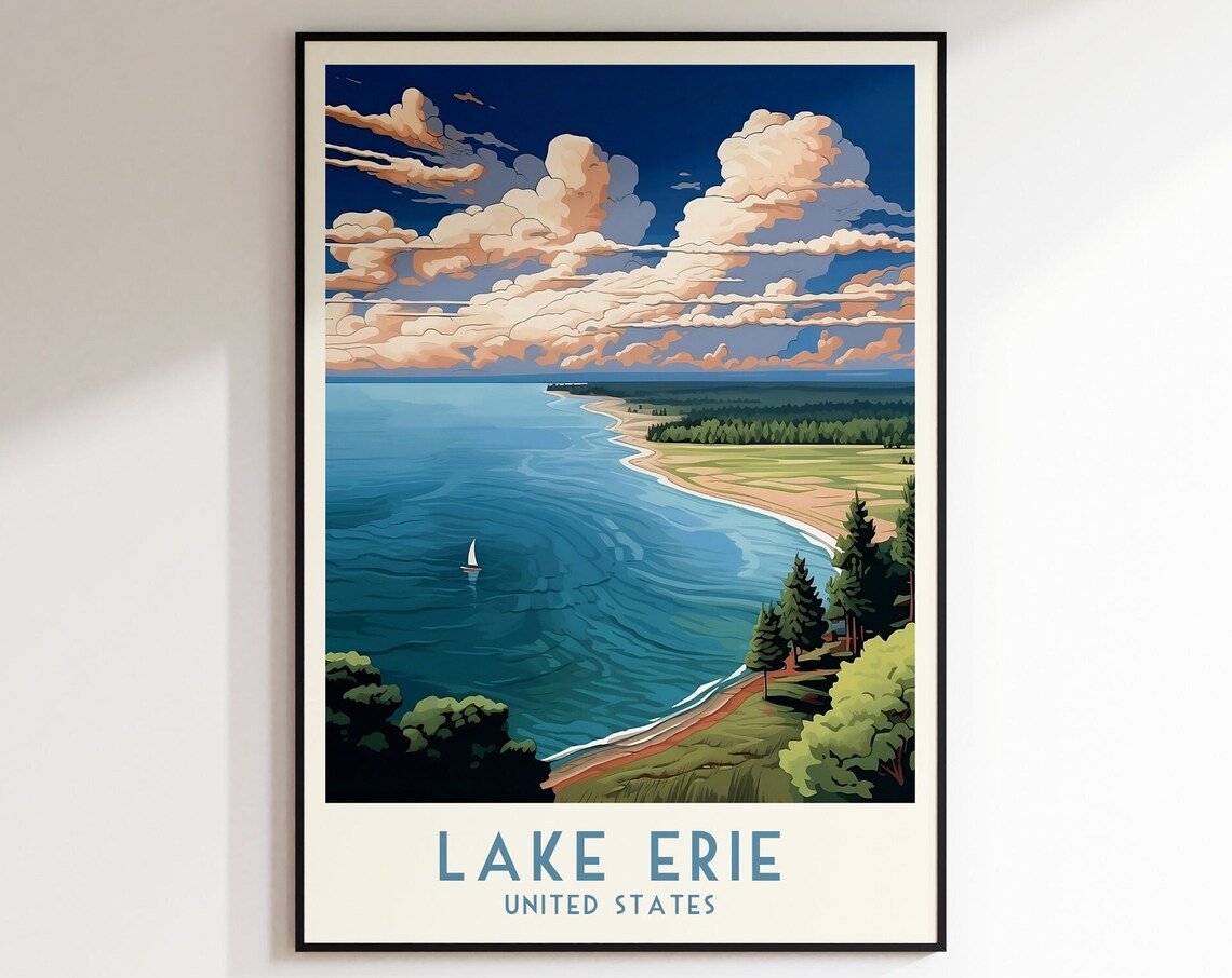 Lake Erie Travel Print United States Home Decor Retro Wall Art Wedding Gift Birthday Gift Print Lake Erie Poster