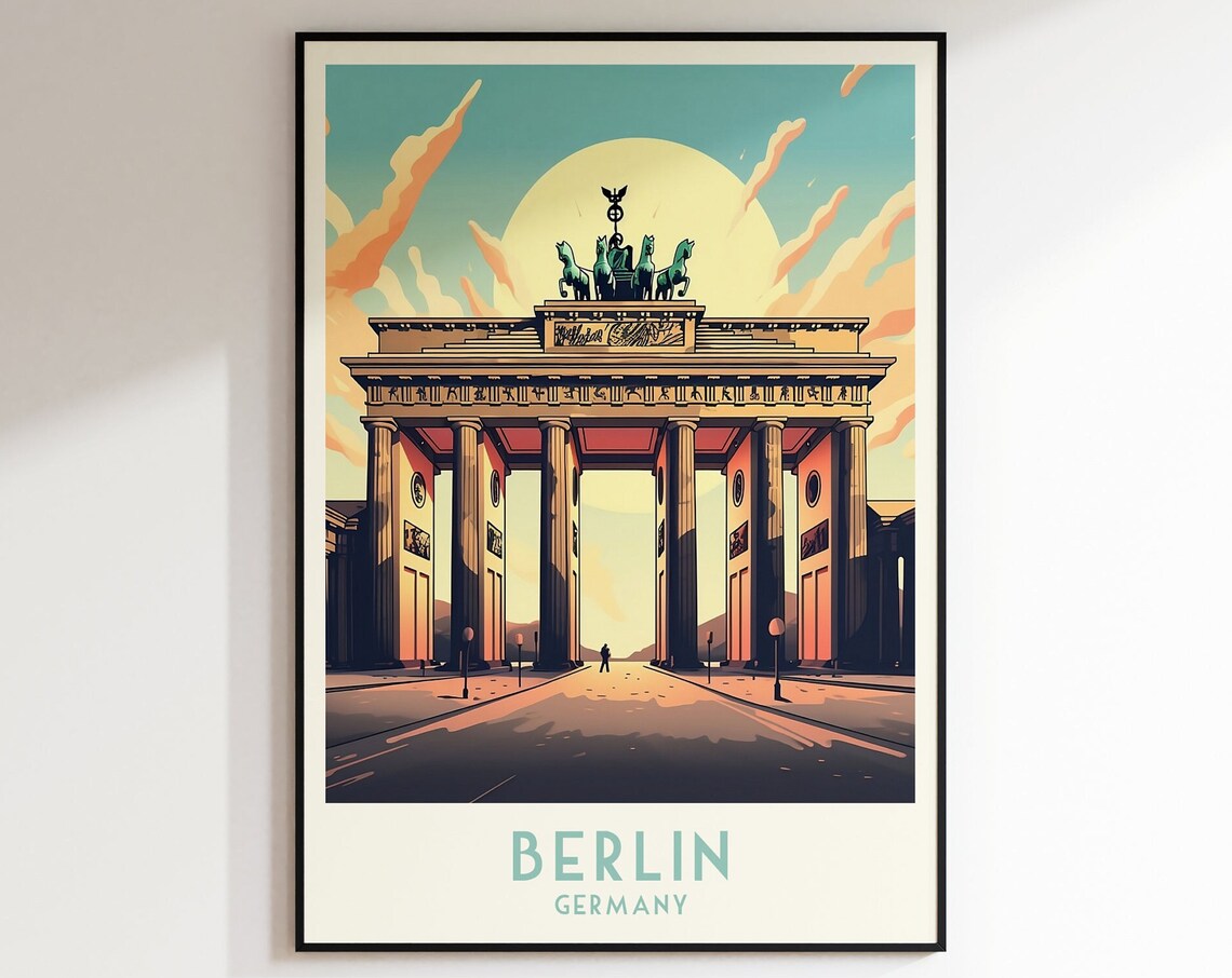 Berlin Brandenburg Gate Sunset Golden Light Vintage Travel Poster