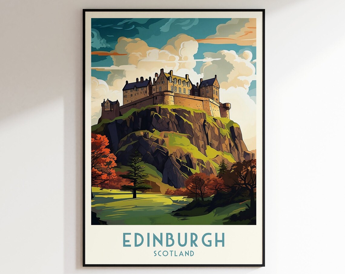 Edinburgh Castle Rock Sunset Highlands Vintage Scotland Travel Poster