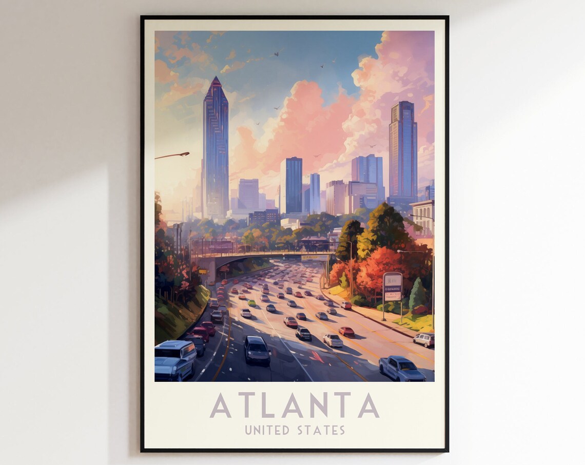 Atlanta Georgia Poster with City Skyline and Busy Highway at Dusk