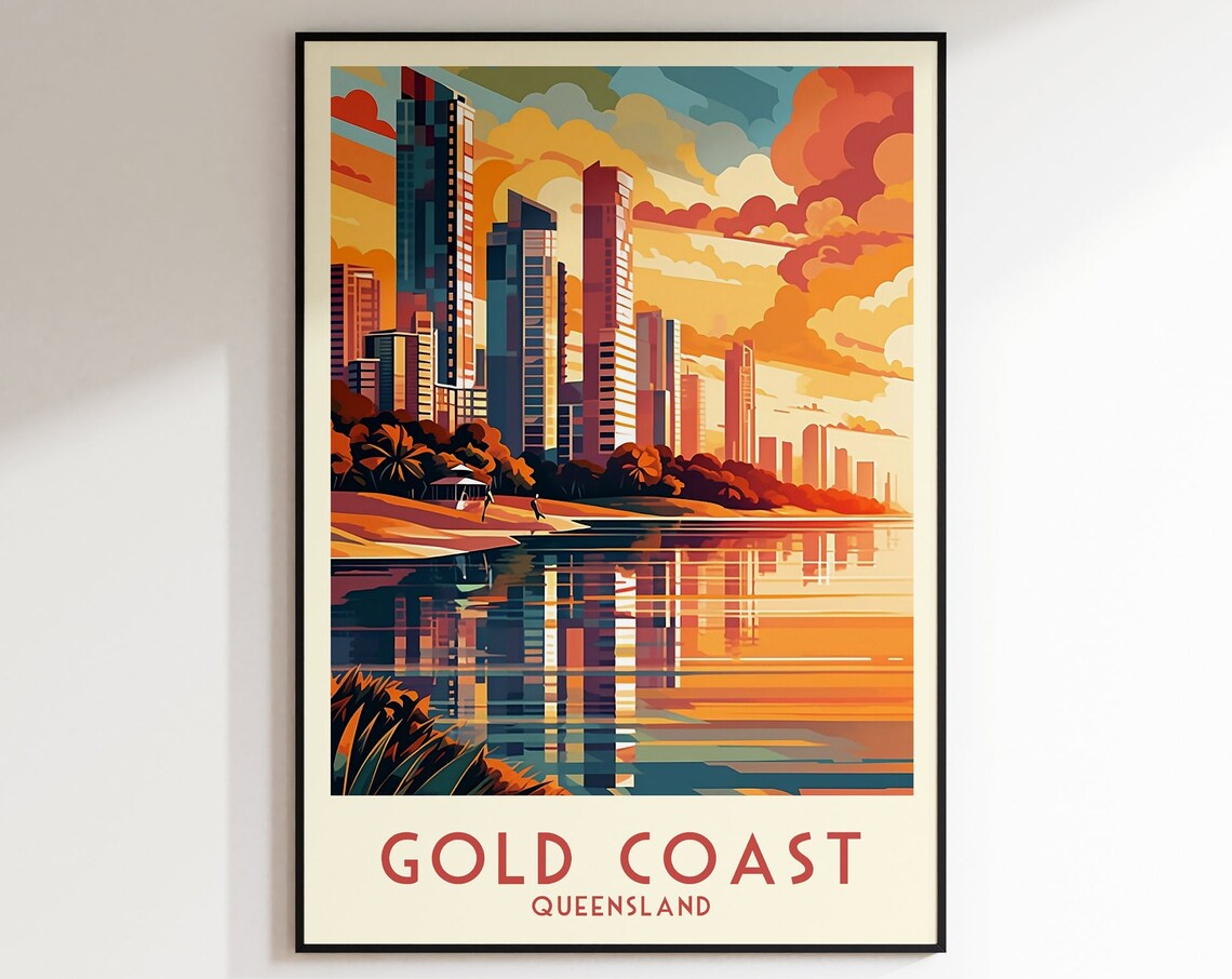Gold Coast Queensland Skyline Sunset Waterfront Travel Poster