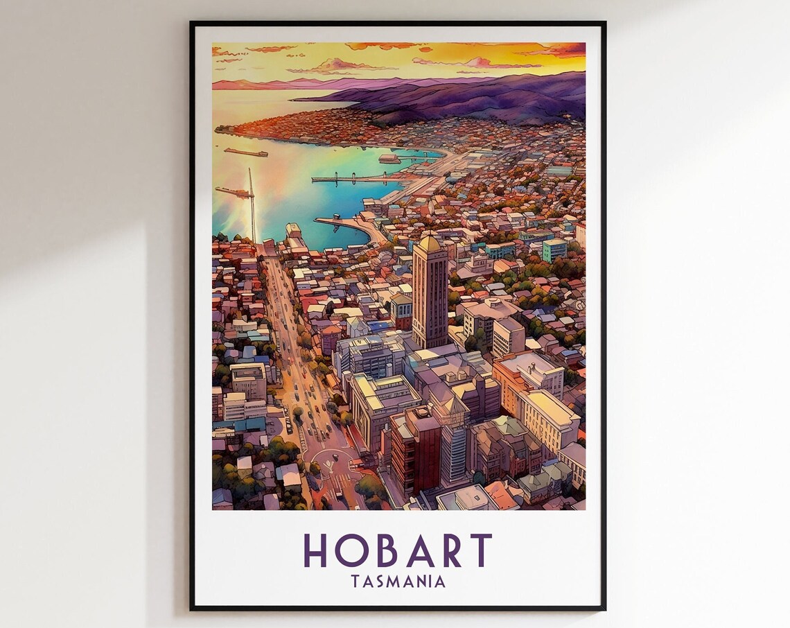 Hobart Tasmania Harbor Aerial Sunset Cityscape Travel Poster