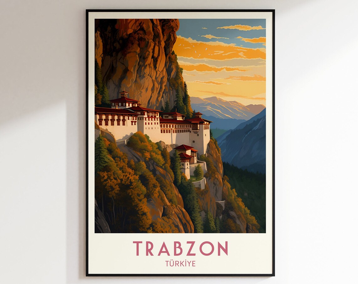 Trabzon Sumela Monastery Cliffside Sunset Vintage Travel Poster