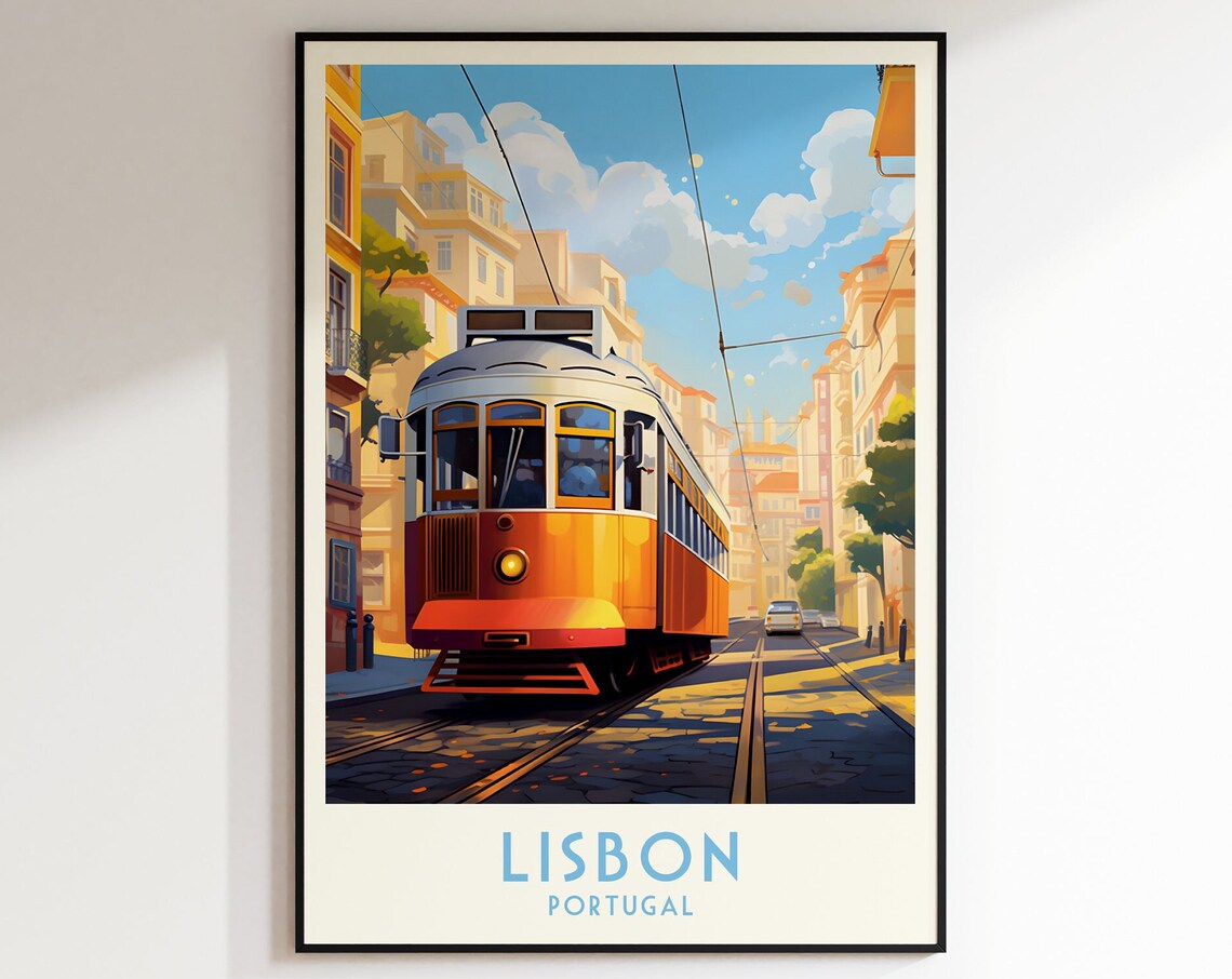 Lisbon Portugal Vintage Yellow Tram Cobblestone Street Travel Poster