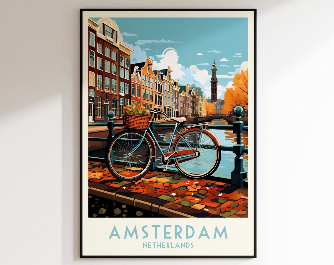 Amsterdam Canal Bicycle Autumn Vintage Netherlands Travel Poster