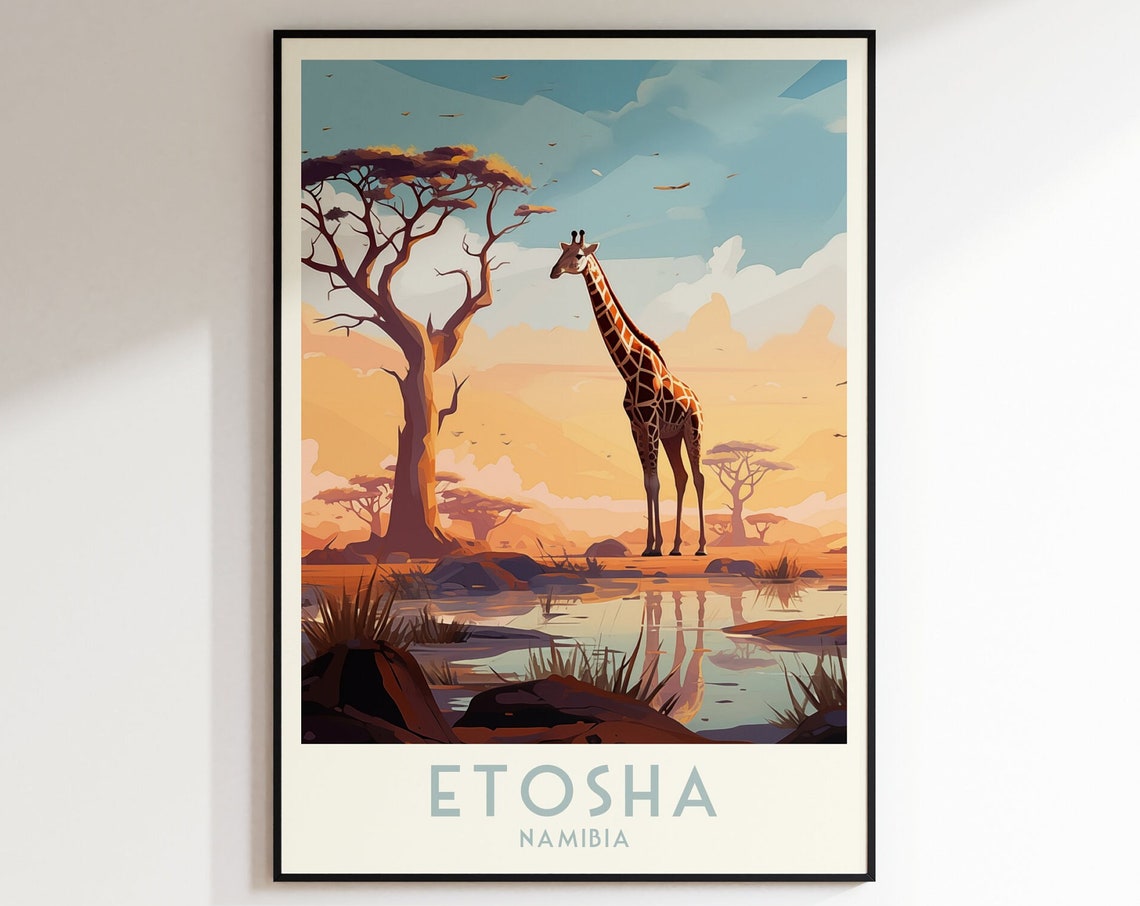 Etosha Namibia Poster with Giraffe Beside a Waterhole at Sunset