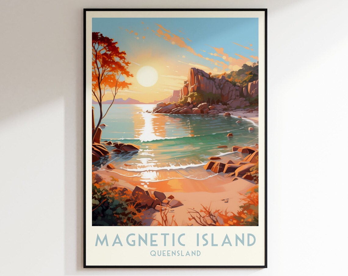 Magnetic Island Queensland Golden Rocky Bay Sunset Travel Poster