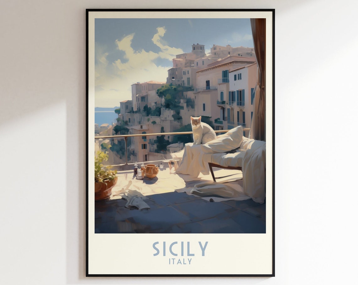 Sicily Italy Sunny Balcony Cat Overlooking Old Town Hillside Poster