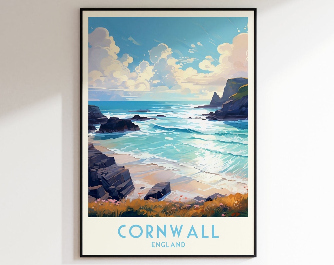 Cornwall England Rocky Coast Turquoise Waves Beach Travel Poster