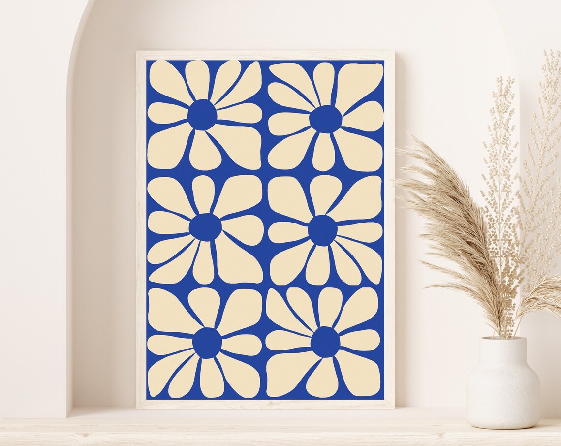 Blue Mid Century Wavy Flower Pattern Art Print - Image 2