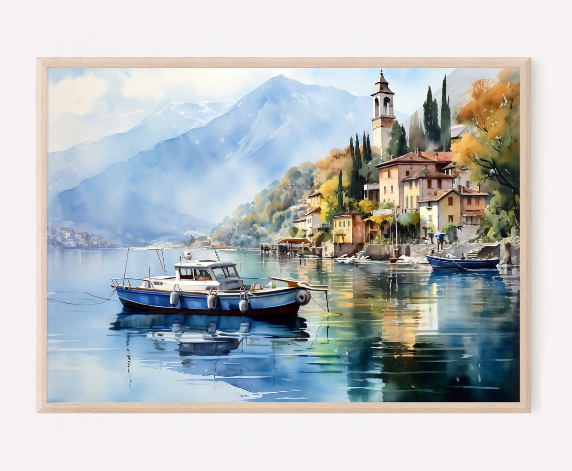 Lake Como Italy Watercolor Lakeside Village Blue Boat Mountain Poster