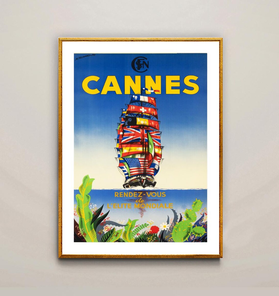 Cannes France Tall Ship World Flags Riviera Vintage Travel Poster - Image 2