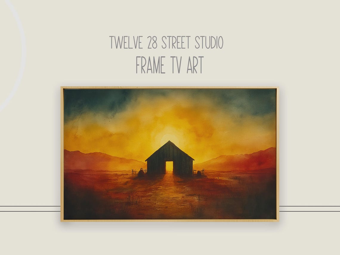 Desert Barn Sunset Silhouette Western Ranch Vintage Painting Wall Art