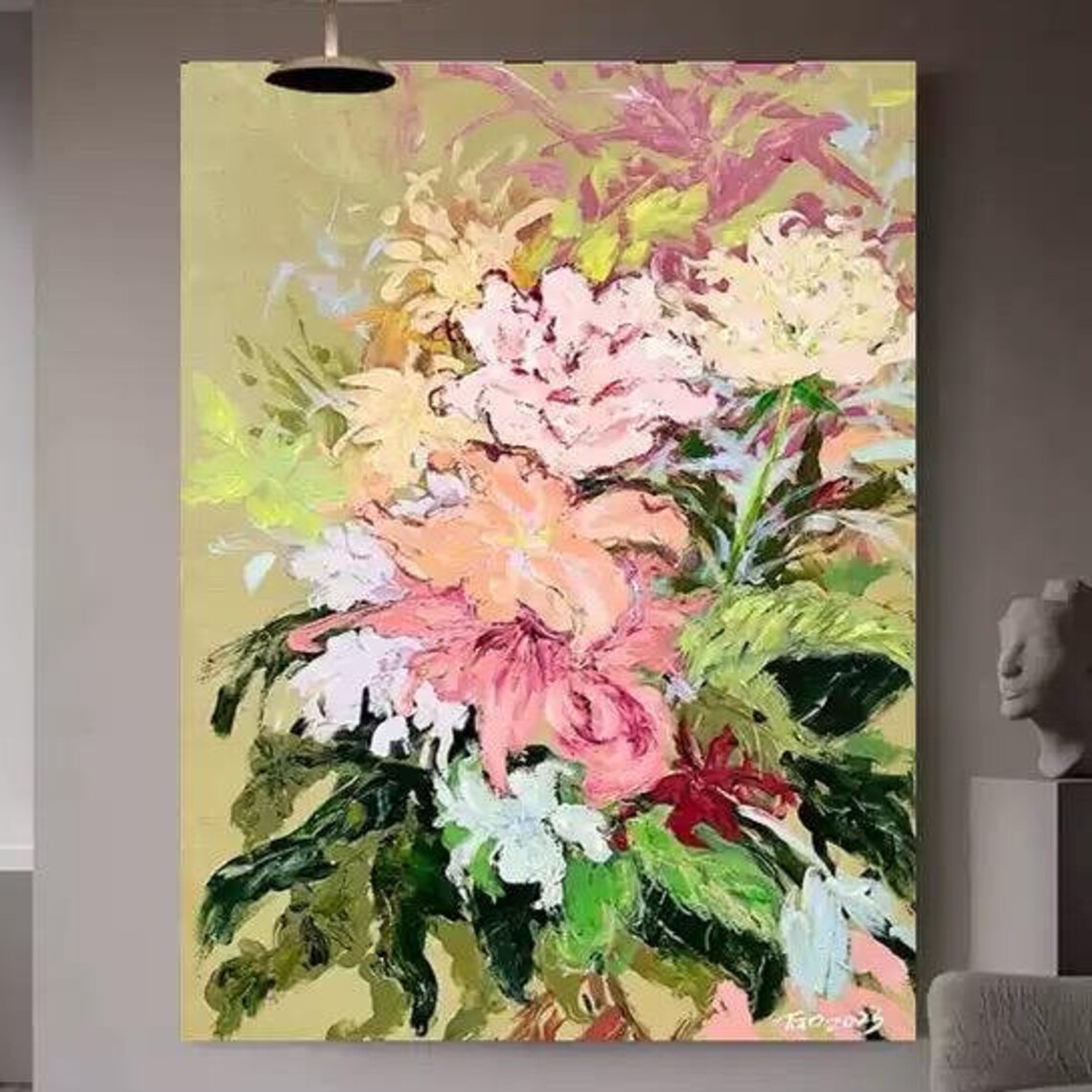 Blush Peony Bouquet on Olive Gold Background Floral Art Poster