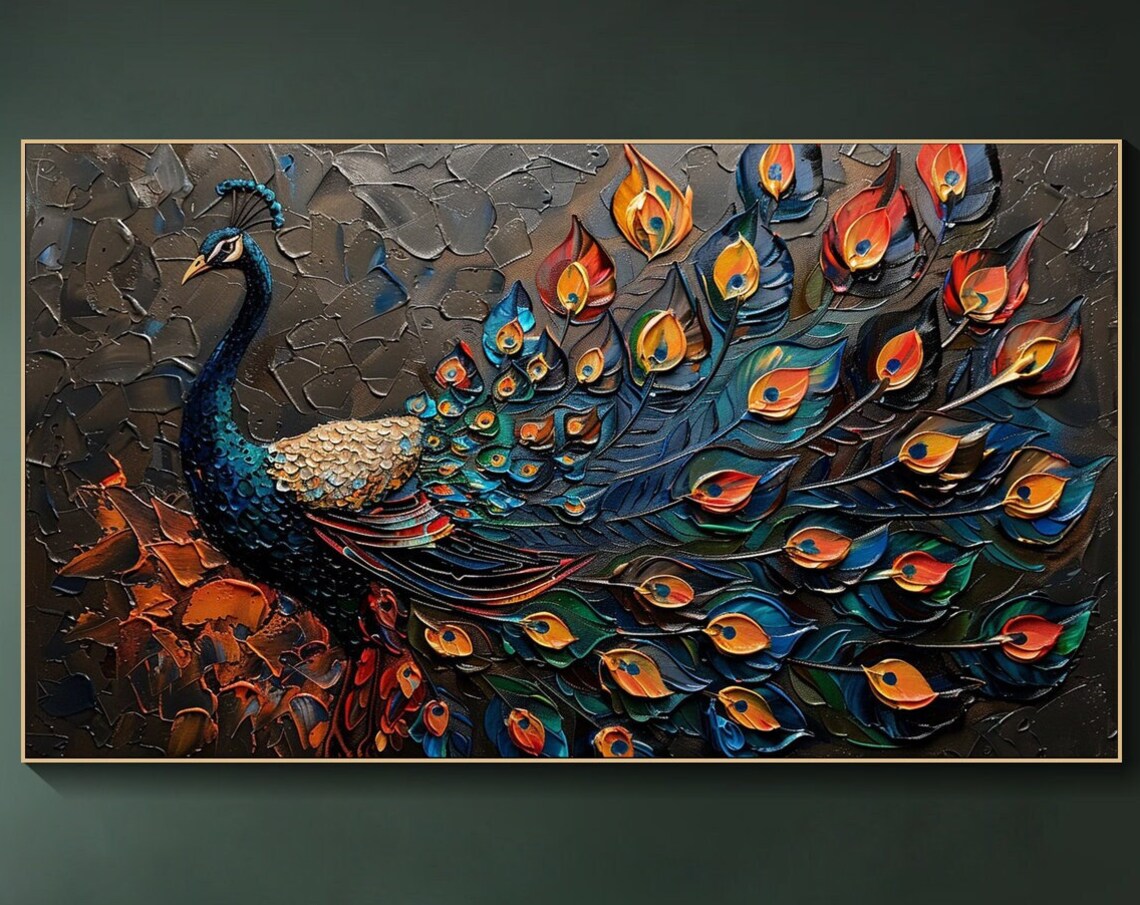 3D Peacock Oil Painting, Modern Bird Wall Art Print