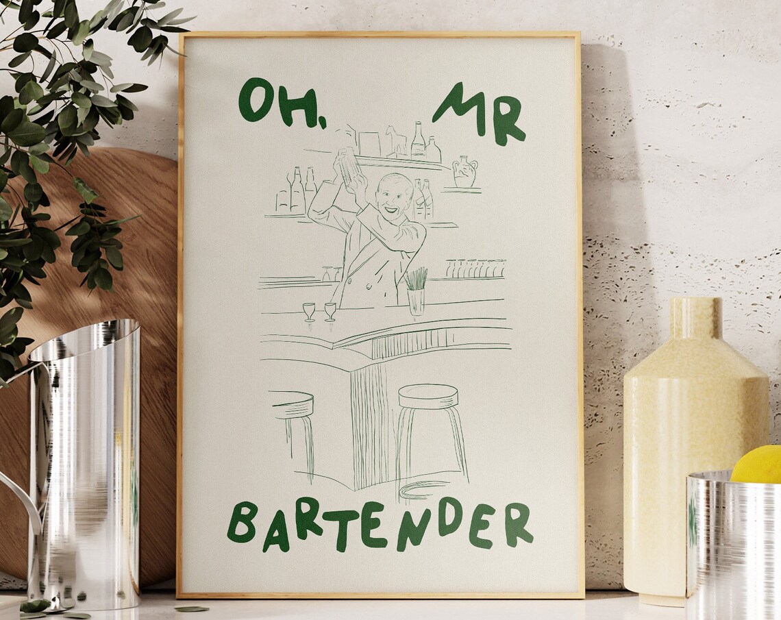 Oh Mr Bartender Retro Green Bar Sketch Cocktail Kitchen Wall Poster