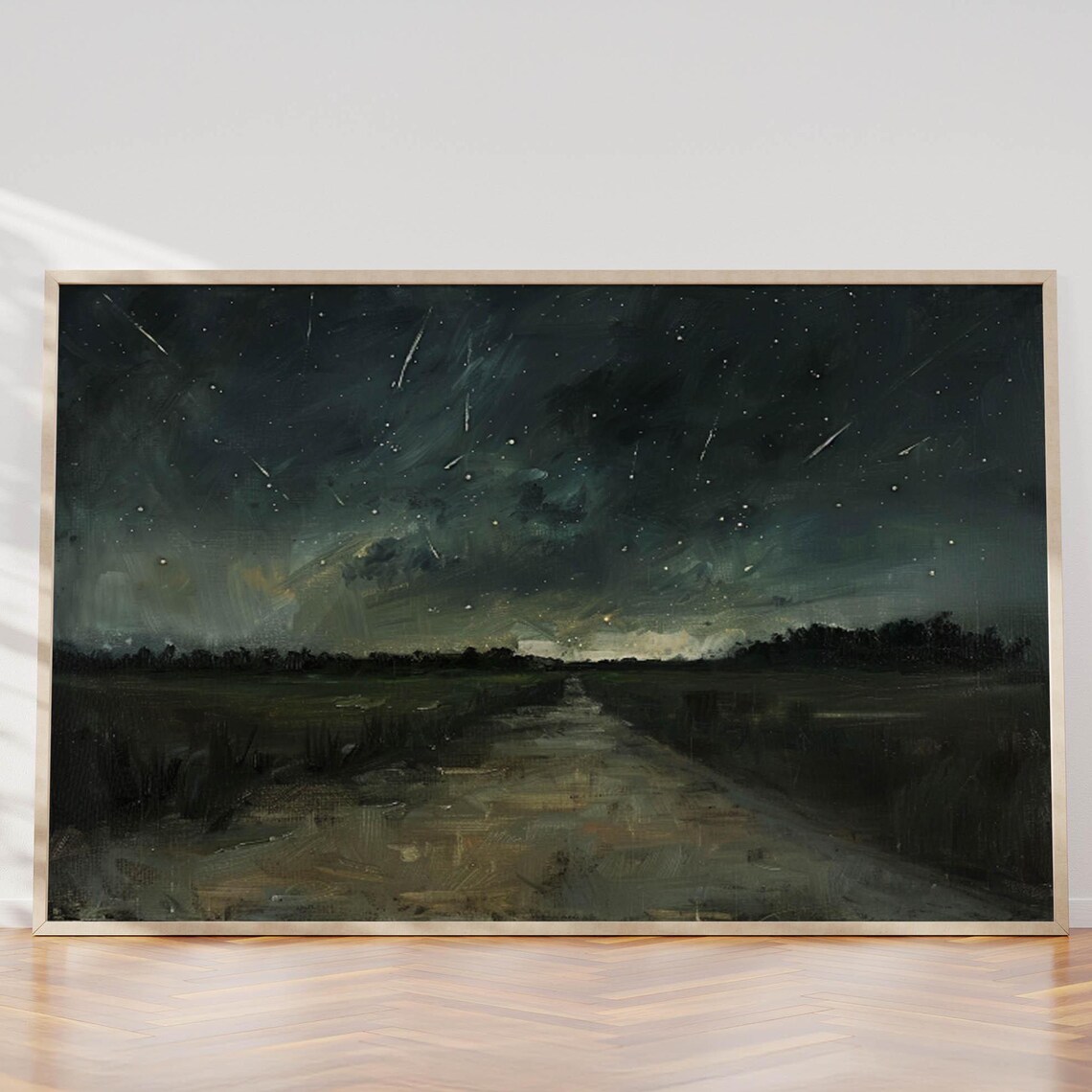 Meteor Shower Over Country Road Moody Night Sky Painting Poster