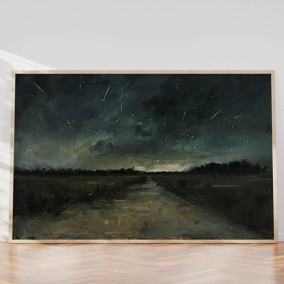 Starry Night Art Stargazing Wall Decor Shooting Star Painting Stars Moody Poster Celestial Boho Portrait Night Sky Art Star Rustic Art