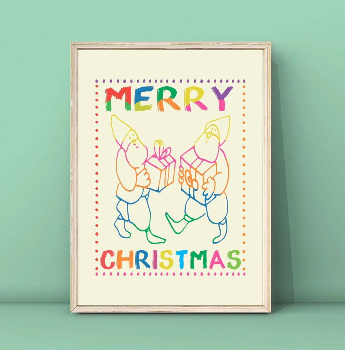 Merry Christmas Rainbow Elves Carrying Gifts Playful Holiday Print