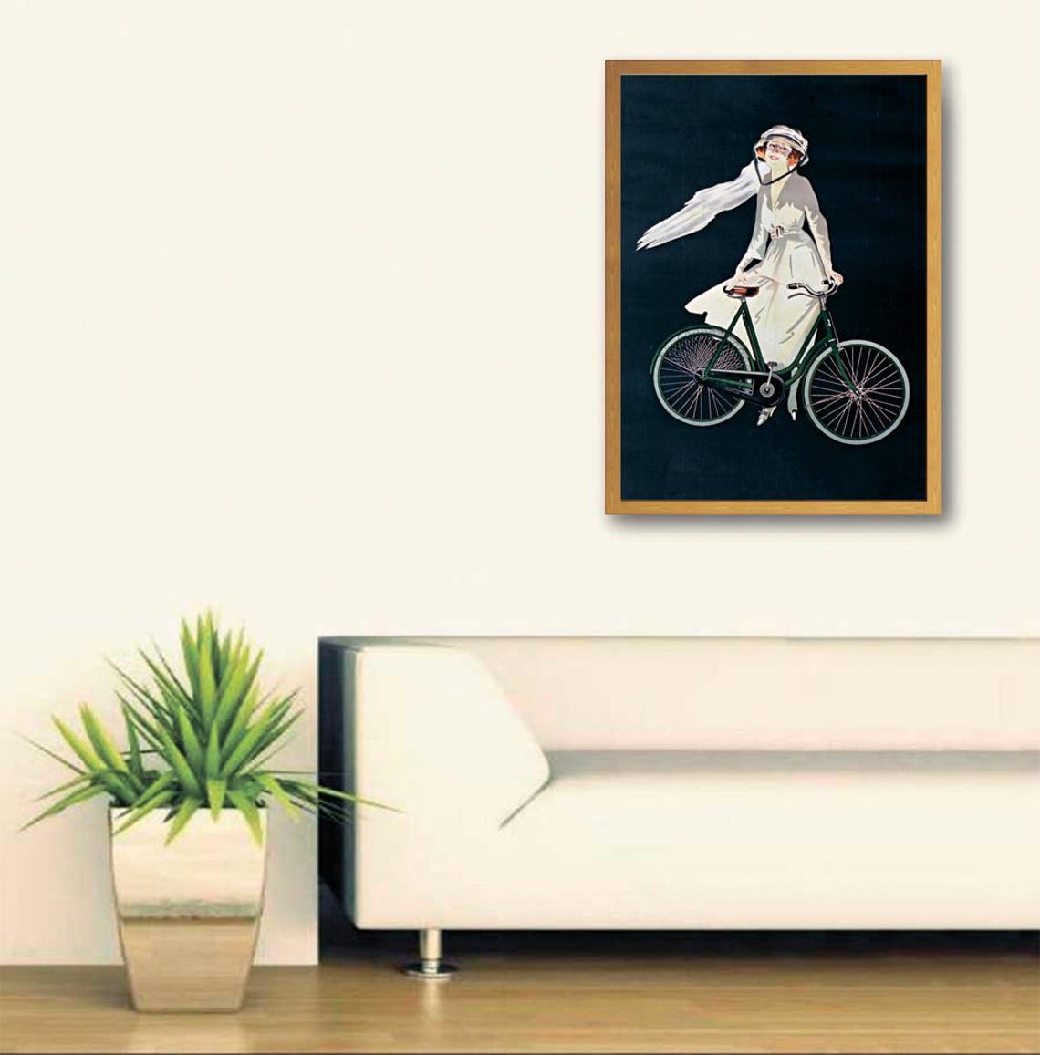Vintage Lady Cyclist White Dress Green Bicycle Classic Art Poster - Image 3